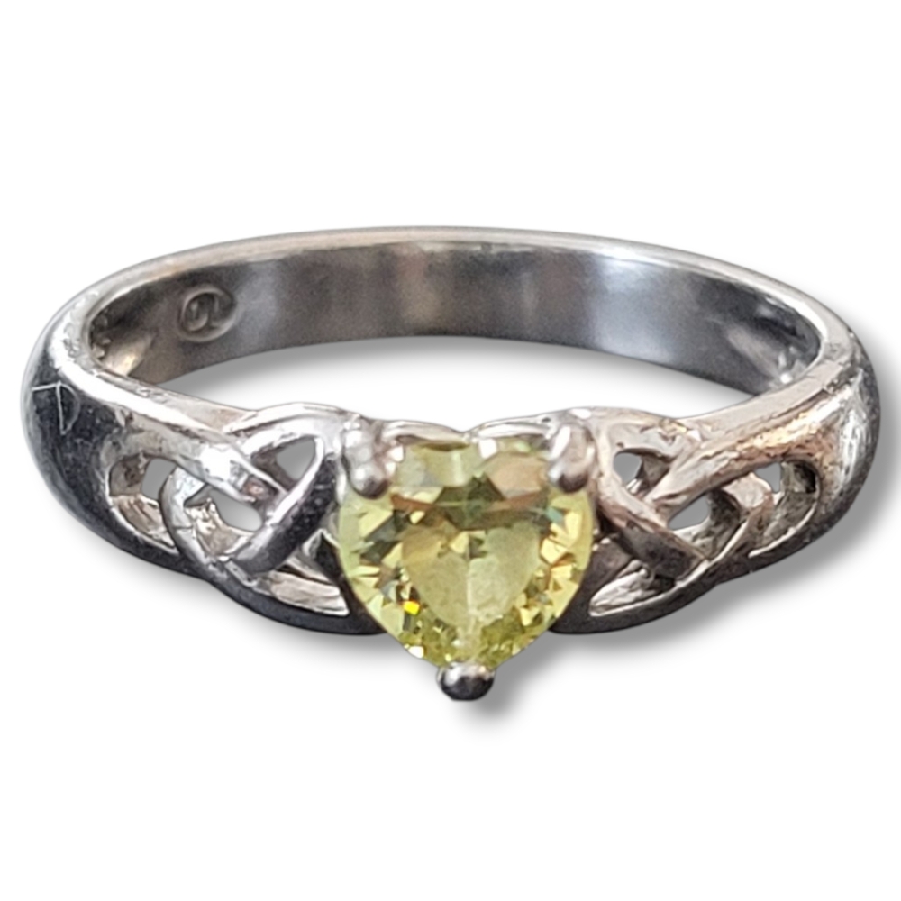Vintage 925 Sterling Silver Yellow CZ Heart Ring Celtic Knot – Size 4.75